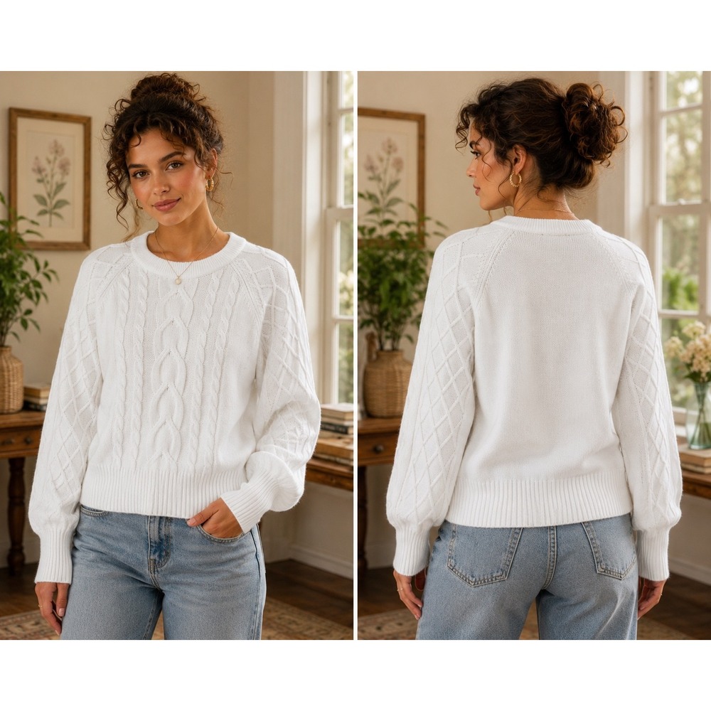 Tahari Cable Knit Sweater Women Large White Excellent Raglan Sleeve Pullover